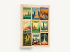 Chicago Nine Poster Grid, vintage chicago travel poster collage, stretched canvas wall art print ready to hang