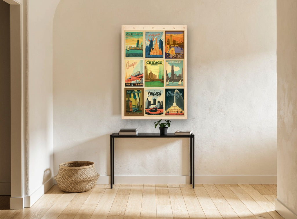 Chicago Nine Poster Grid vintage canvas print on the wall of a hallway