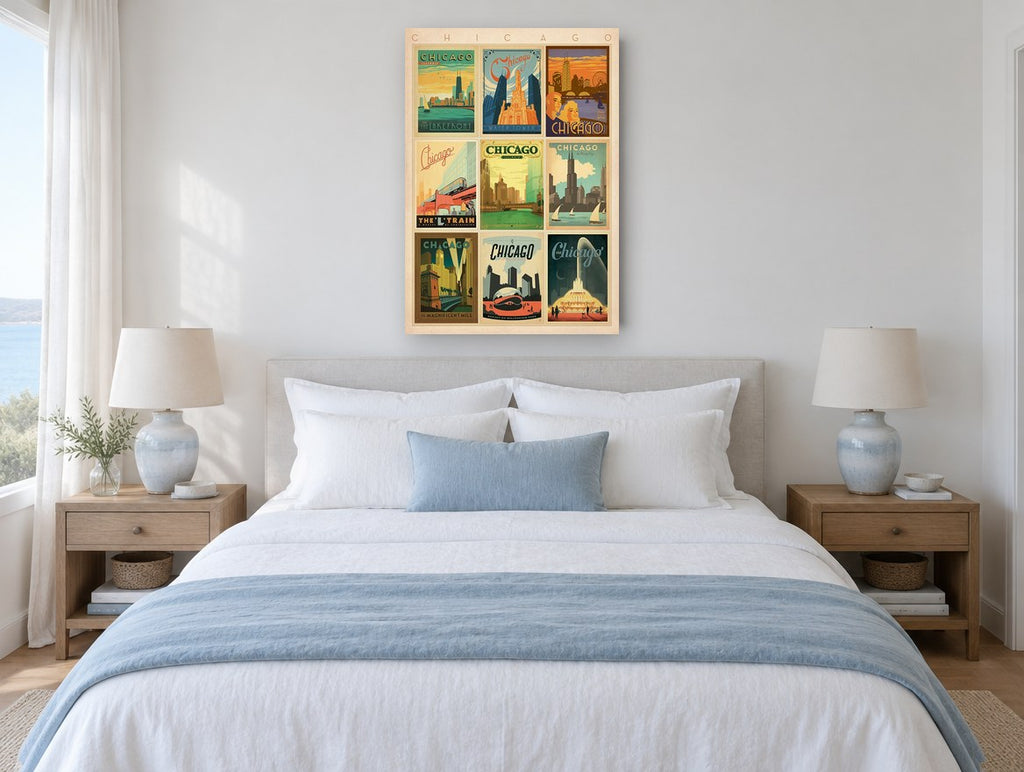 Chicago Nine Poster Grid vintage canvas print on the wall of a coastal bedroom