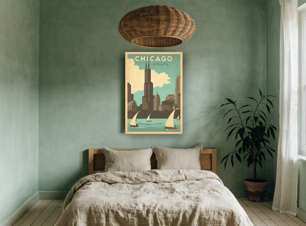 Chicago Windy City Sails vintage canvas print on the wall of a bedroom
