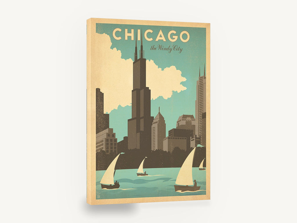 Chicago Windy City Sails, retro chicago skyline travel poster, stretched canvas wall art print ready to hang