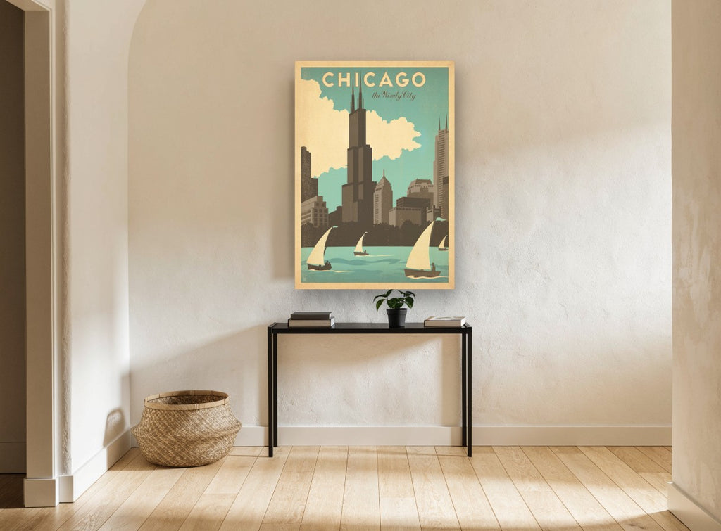 Chicago Windy City Sails vintage canvas print on the wall of a hallway