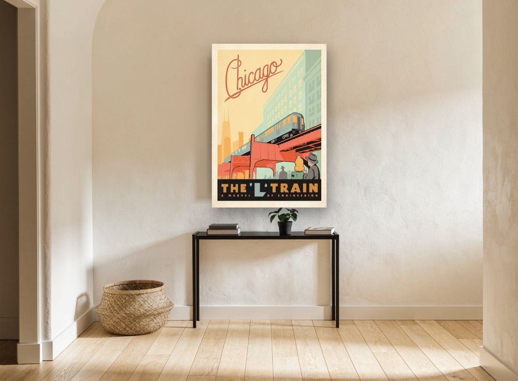 Chicago L Train vintage canvas print on the wall of a hallway