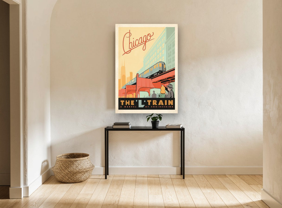 Chicago L Train vintage canvas print on the wall of a hallway