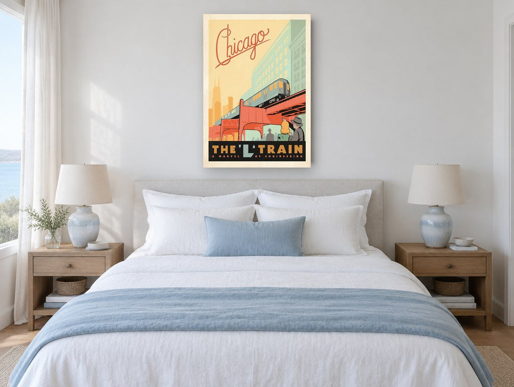 Chicago L Train vintage canvas print on the wall of a coastal bedroom