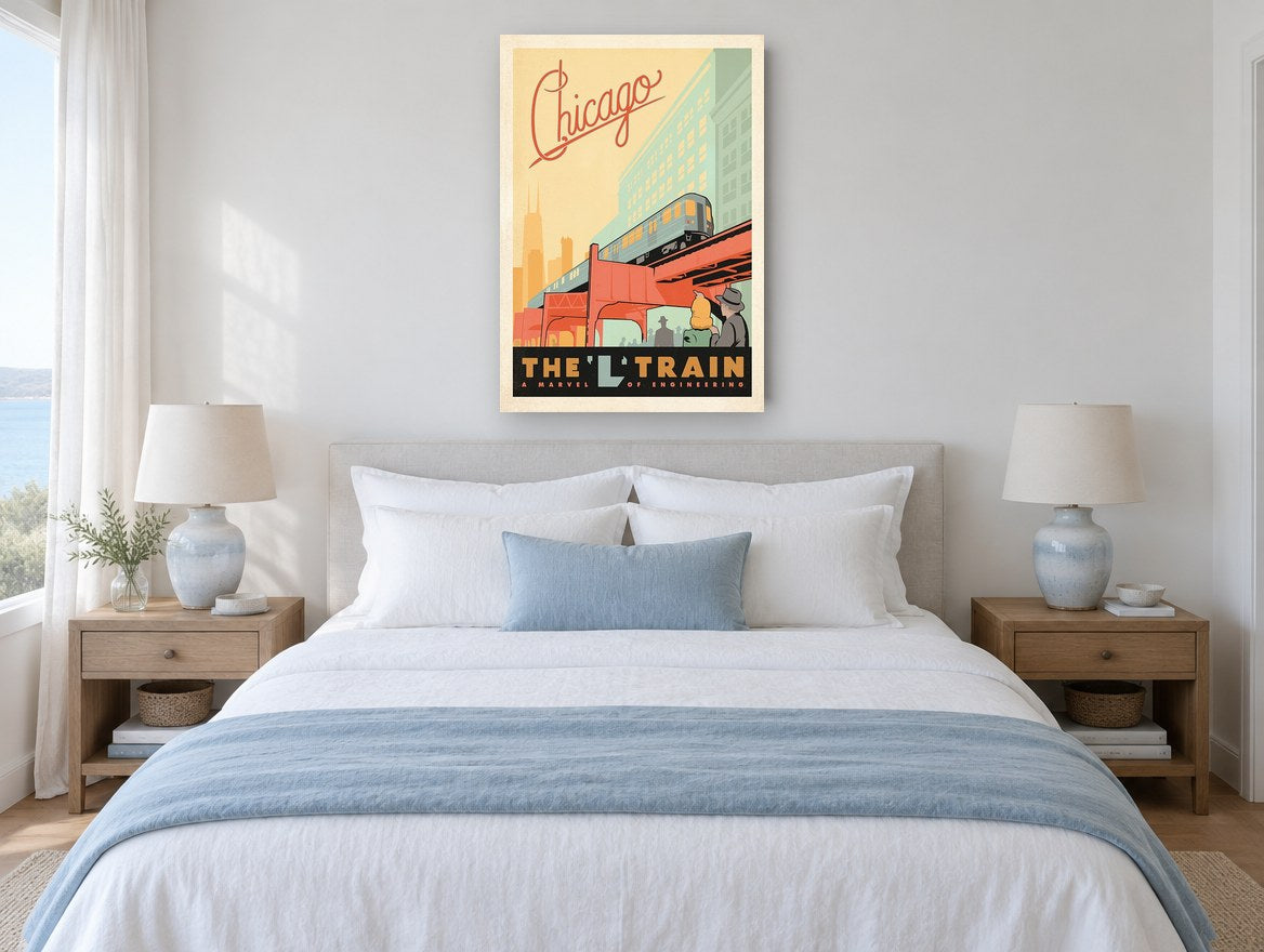 Chicago L Train vintage canvas print on the wall of a coastal bedroom