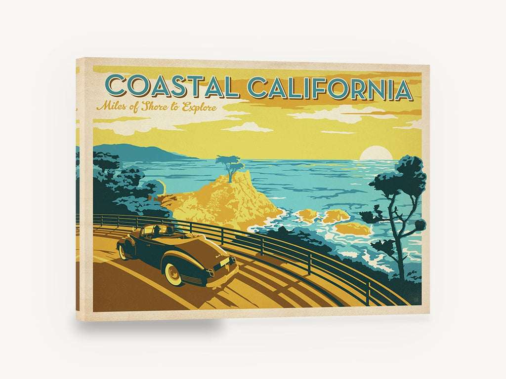 Coastal California Drive, retro coastal california travel poster, stretched canvas wall art print ready to hang