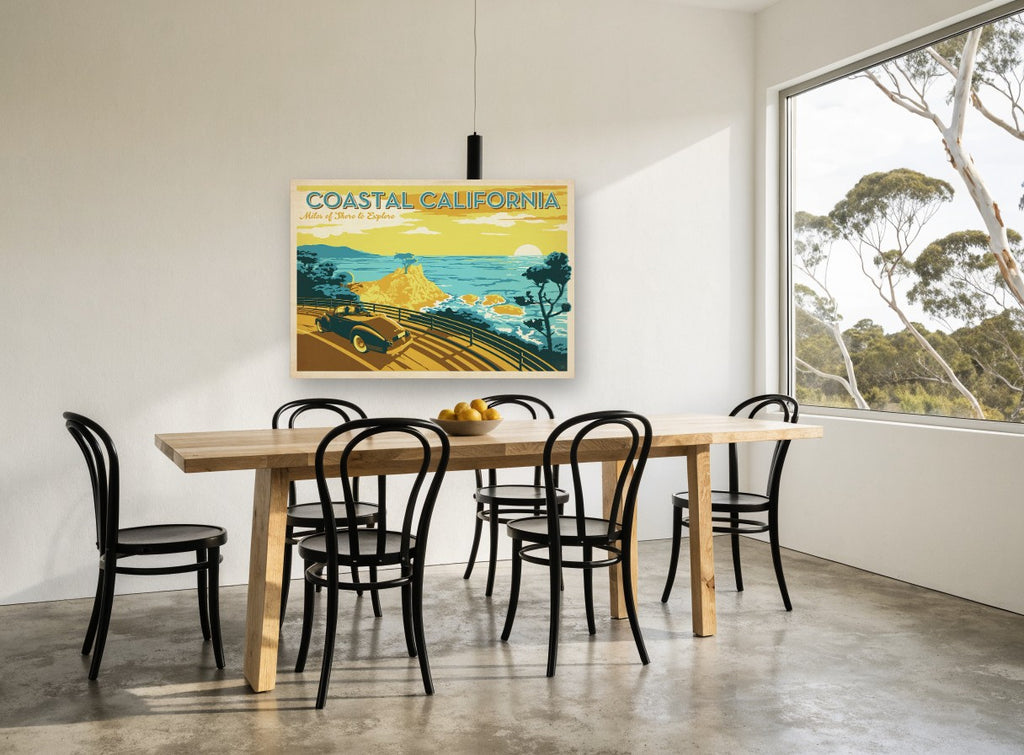Coastal California Drive vintage canvas print on the wall of a dining room