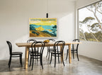 Coastal California Drive vintage canvas print on the wall of a dining room