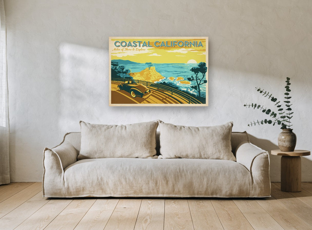 Coastal California Drive vintage canvas print on the wall of a living room