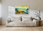 Coastal California Drive vintage canvas print on the wall of a living room