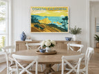 Coastal California Drive vintage canvas print on the wall of a Hamptons dining room
