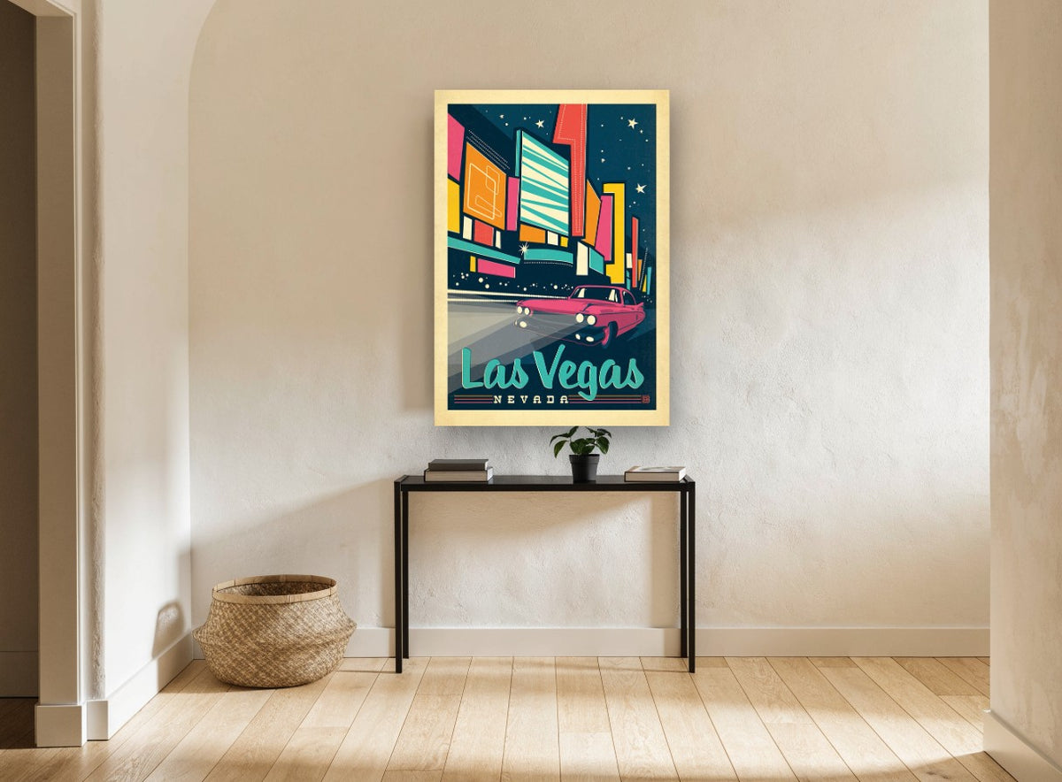 Neon Nights Las Vegas vintage canvas print on the wall of a hallway