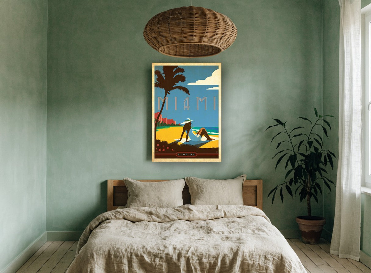 Miami Beach Sunbather vintage canvas print on the wall of a bedroom