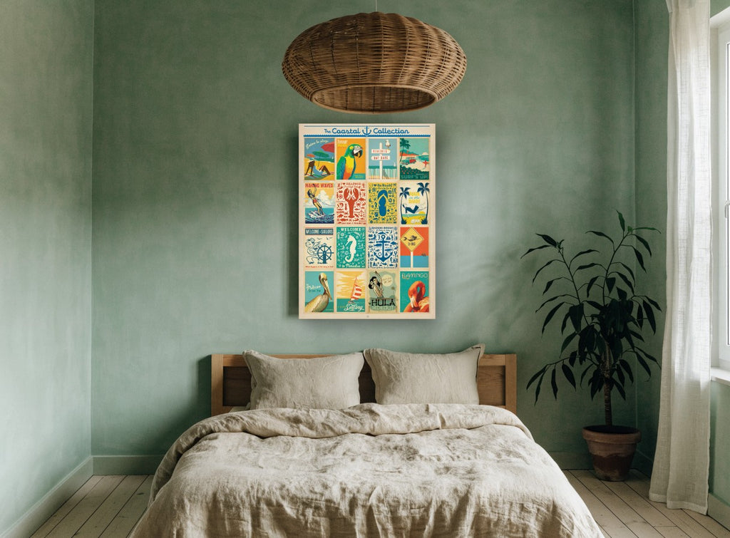 Coastal Poster Collection vintage canvas print on the wall of a bedroom