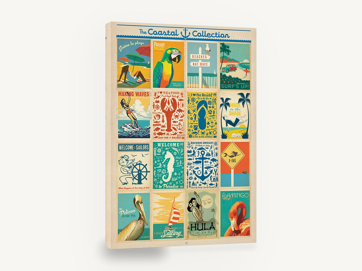 Coastal Poster Collection, retro coastal poster collection, stretched canvas wall art print ready to hang