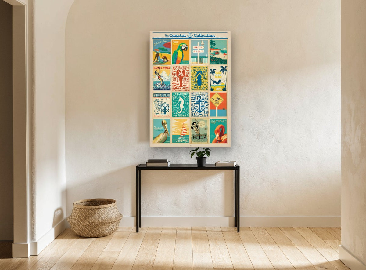 Coastal Poster Collection vintage canvas print on the wall of a hallway