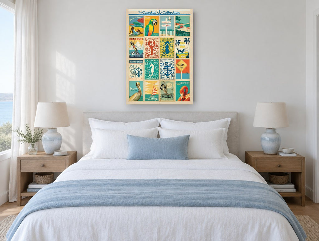 Coastal Poster Collection vintage canvas print on the wall of a coastal bedroom
