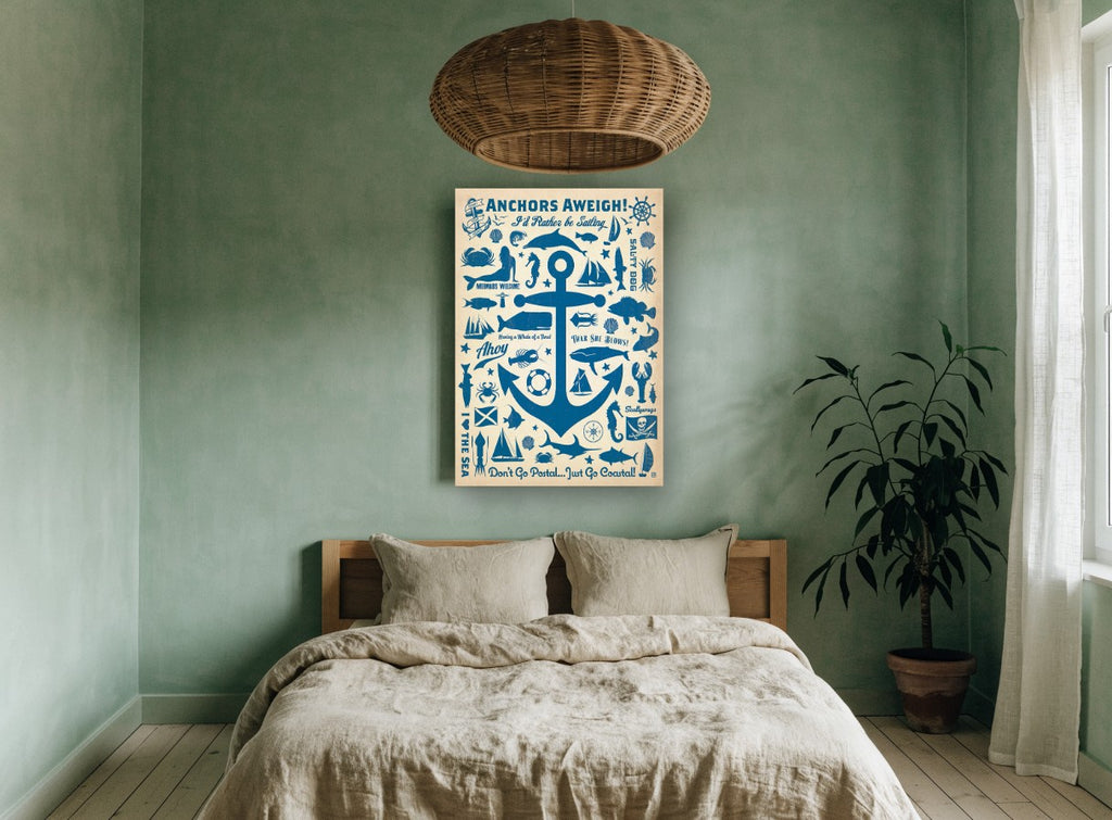 Anchors Aweigh Collage vintage canvas print on the wall of a bedroom