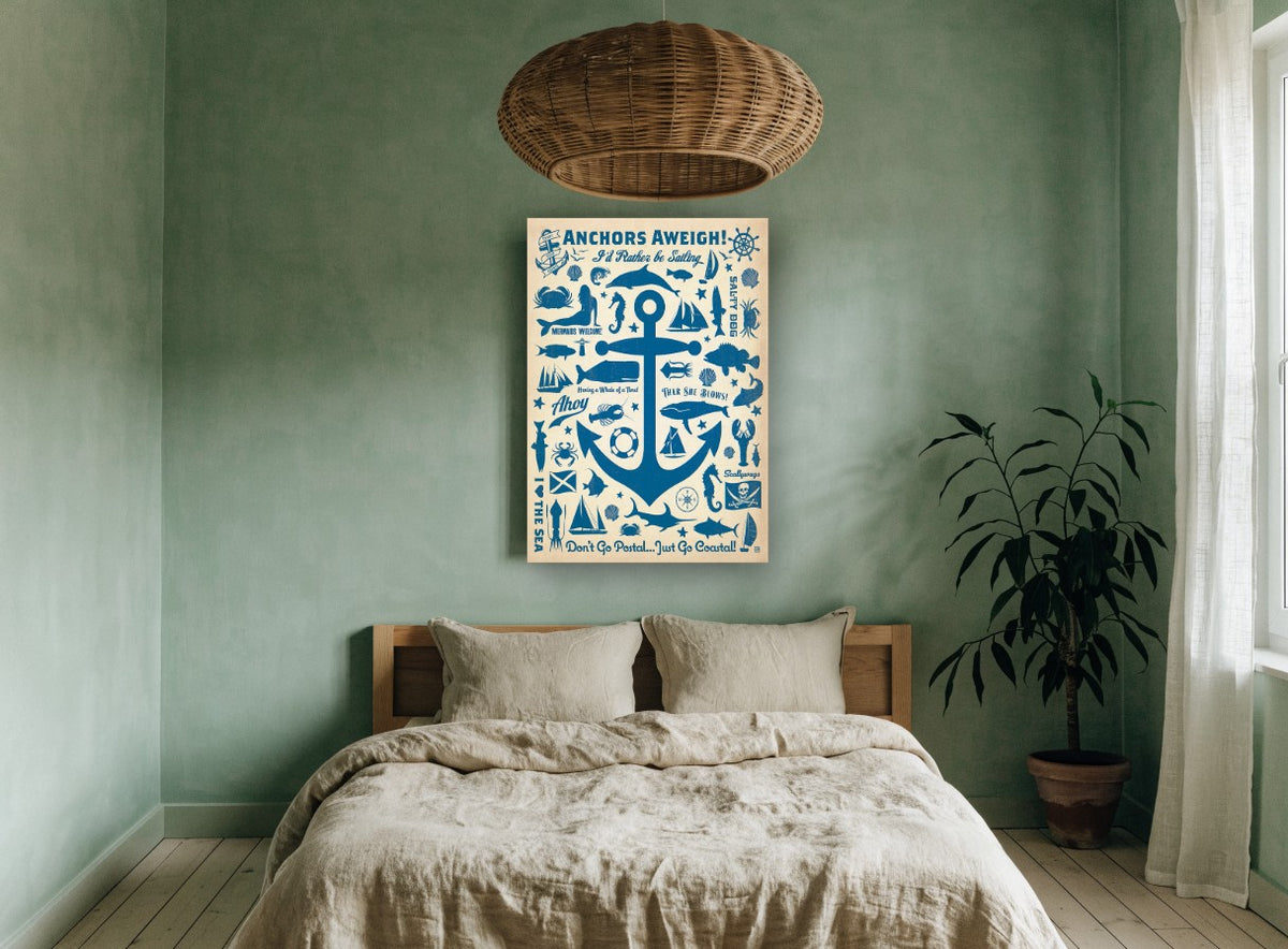 Anchors Aweigh Collage vintage canvas print on the wall of a bedroom