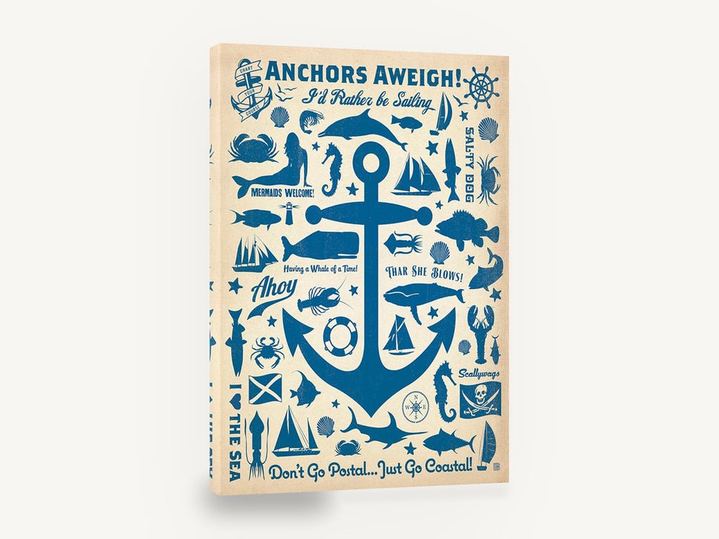 Anchors Aweigh Collage, retro nautical anchor typography poster, stretched canvas wall art print ready to hang