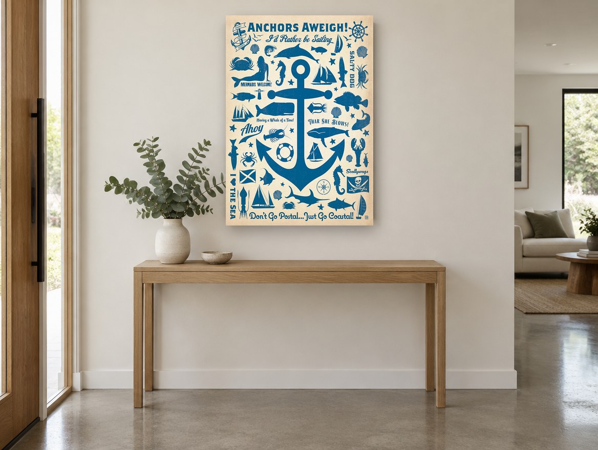 Anchors Aweigh Collage vintage canvas print on the wall of a entry hall