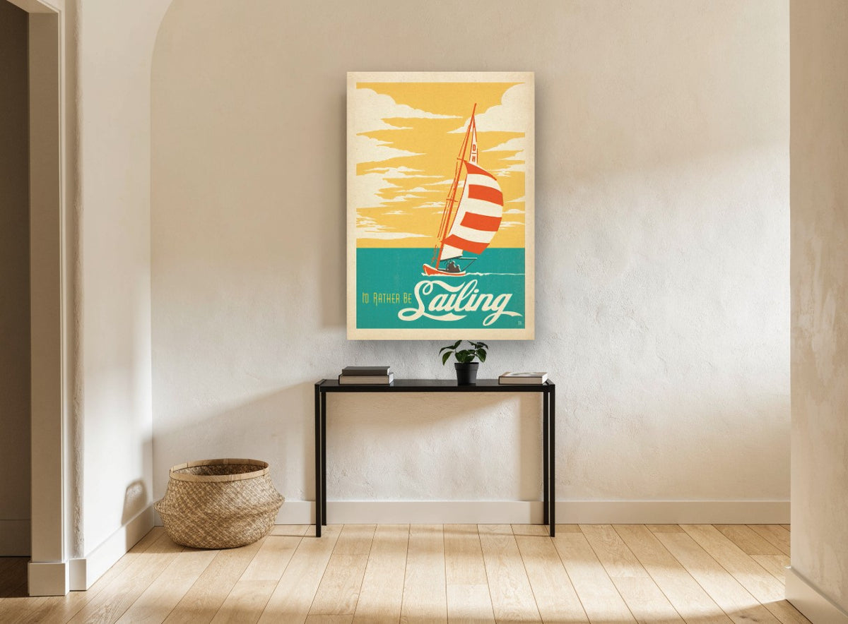 Rather Be Sailing vintage canvas print on the wall of a hallway