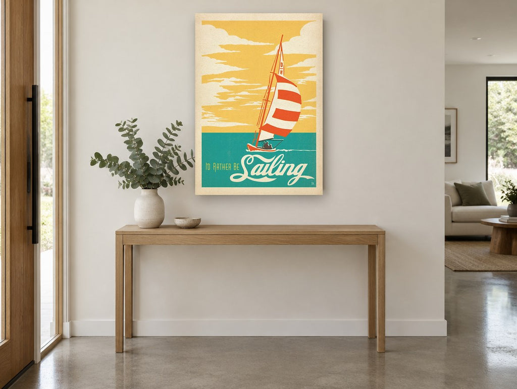 Rather Be Sailing vintage canvas print on the wall of a entry hall