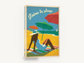 J'aime la Plage, retro beach umbrella travel poster, stretched canvas wall art print ready to hang