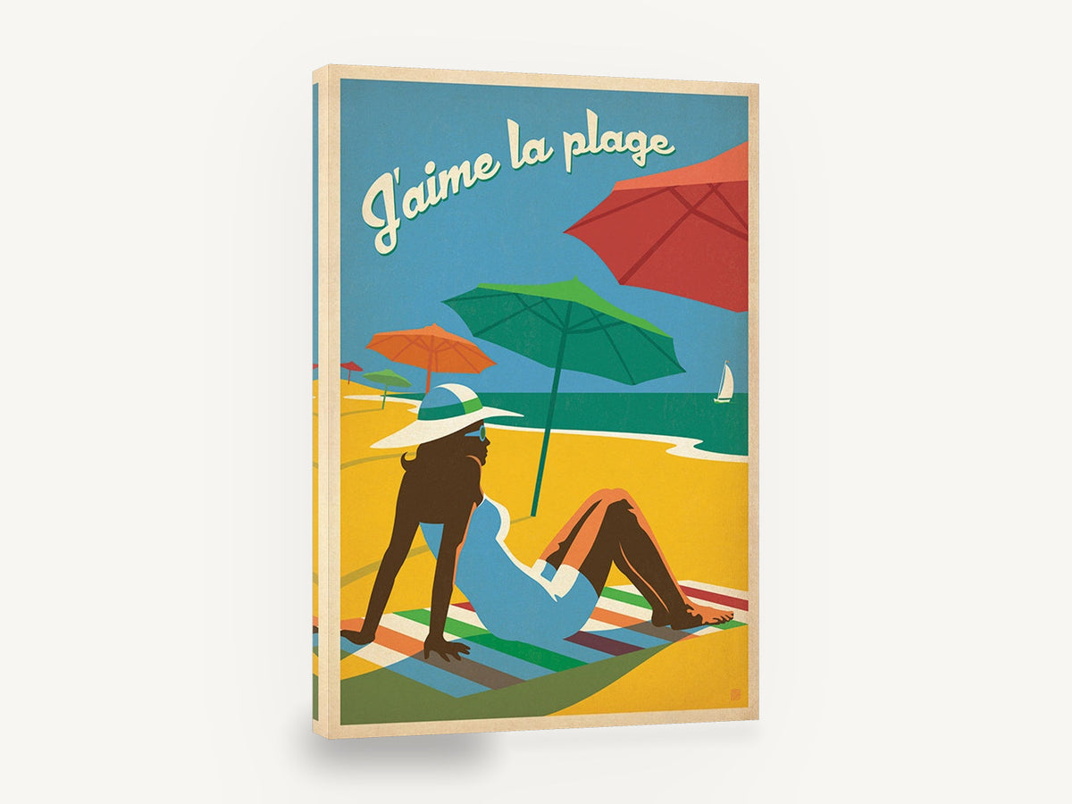 J'aime la Plage, retro beach umbrella travel poster, stretched canvas wall art print ready to hang