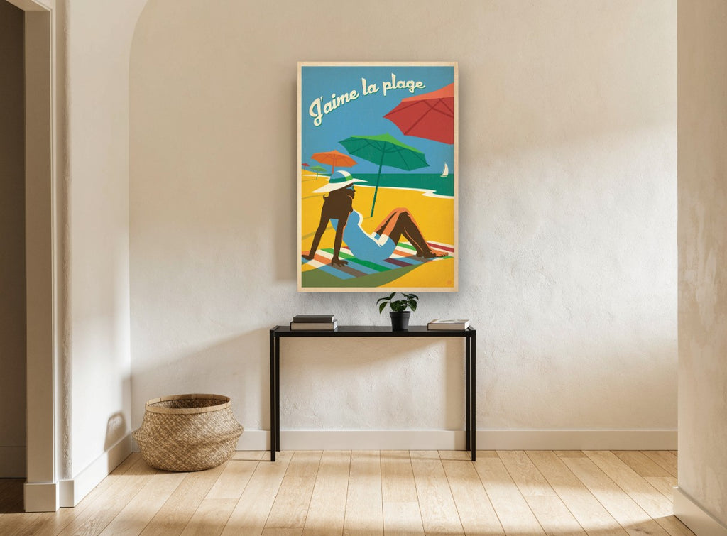 J'aime la Plage vintage canvas print on the wall of a hallway