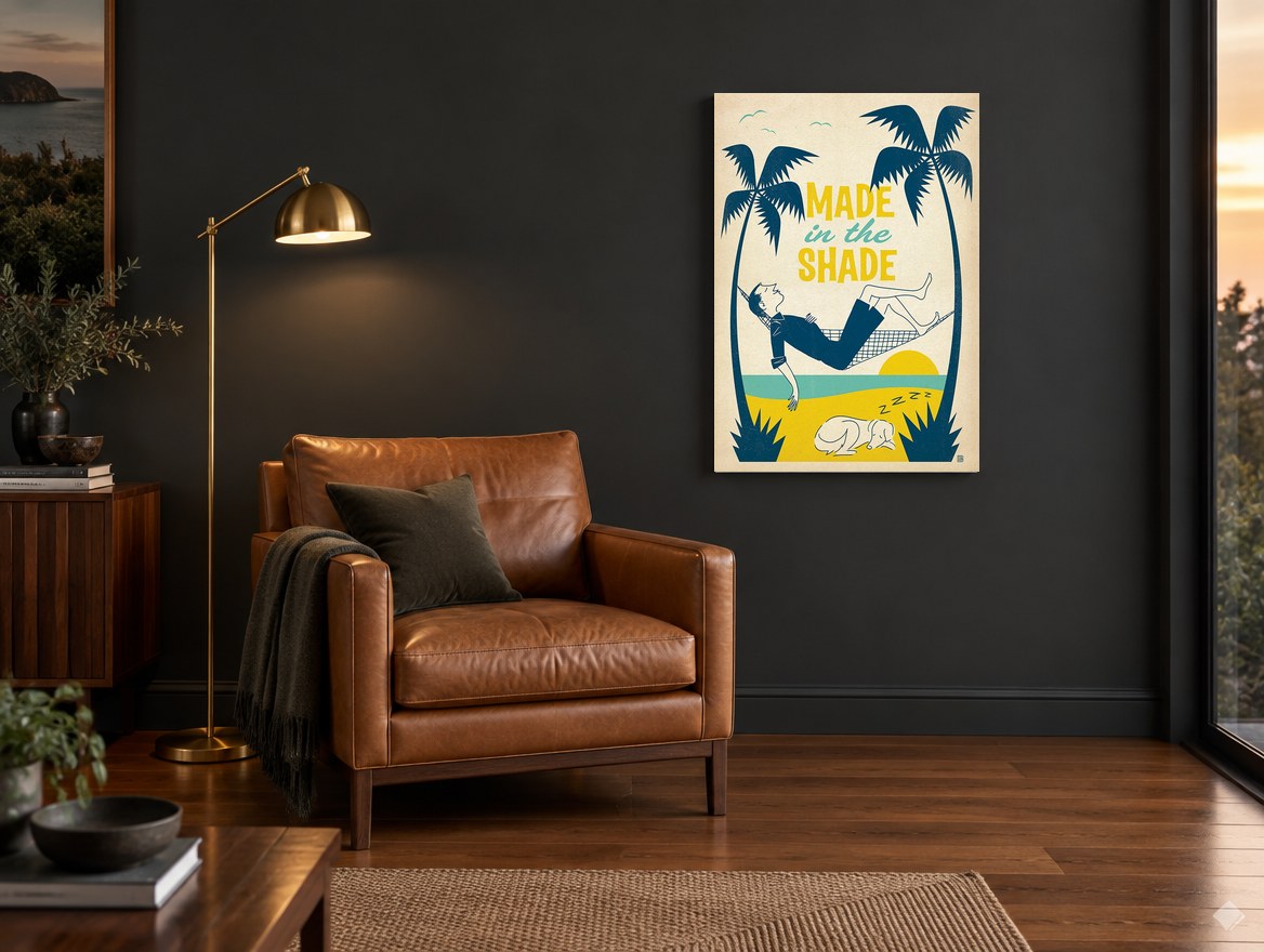 Made in the Shade vintage canvas print on the wall of a charcoal living room