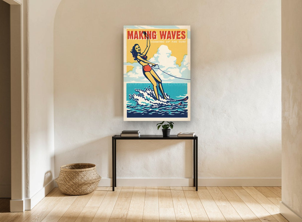 Making Waves Water Skier vintage canvas print on the wall of a hallway