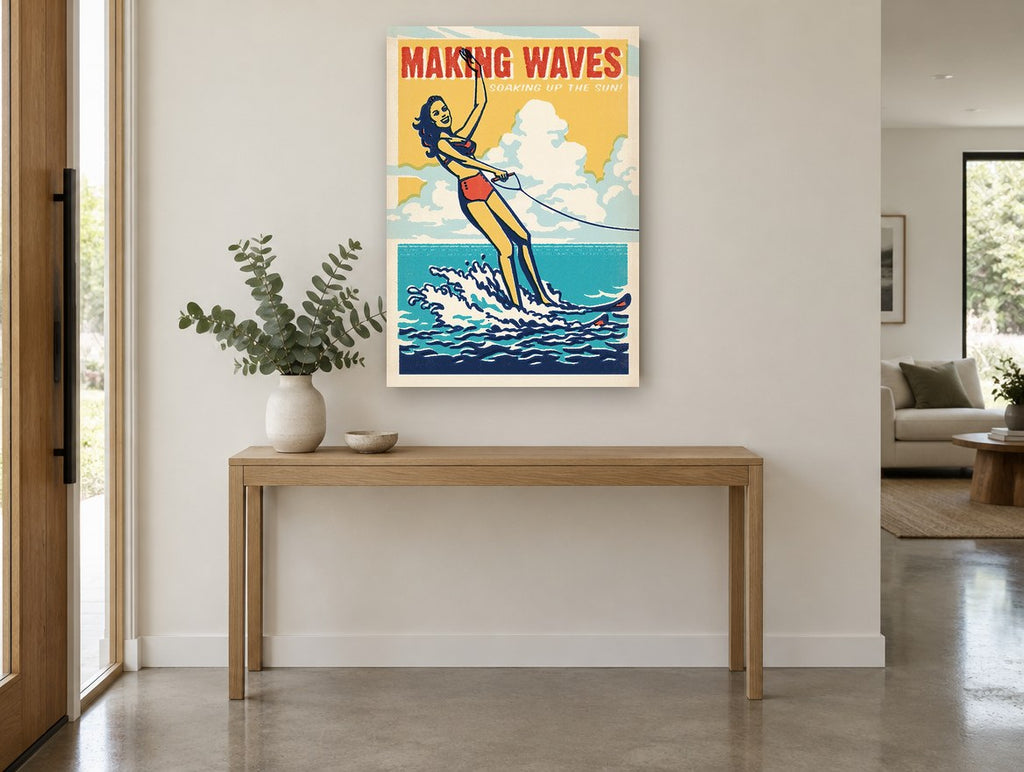 Making Waves Water Skier vintage canvas print on the wall of a entry hall