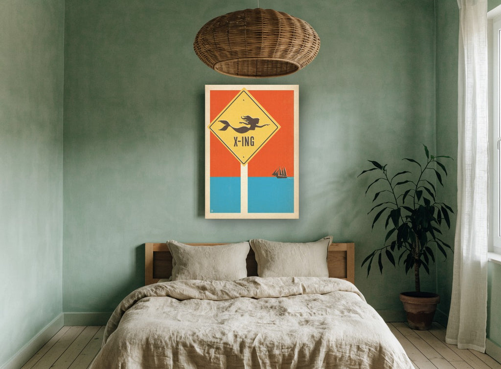 Mermaid X-ing Sign vintage canvas print on the wall of a bedroom