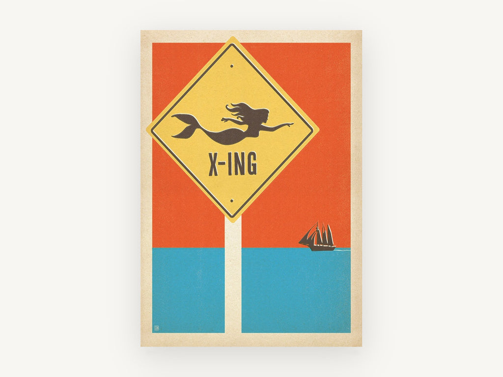Mermaid X-ing Sign, vintage canvas wall art print, front view