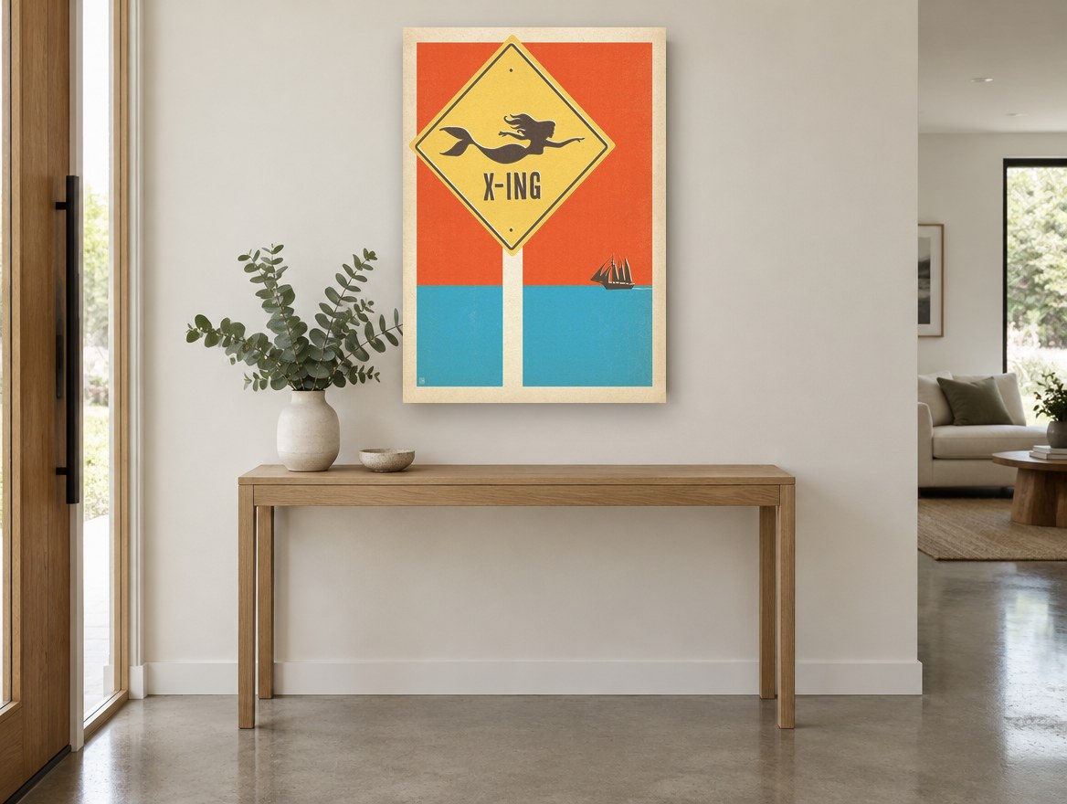 Mermaid X-ing Sign vintage canvas print on the wall of a entry hall