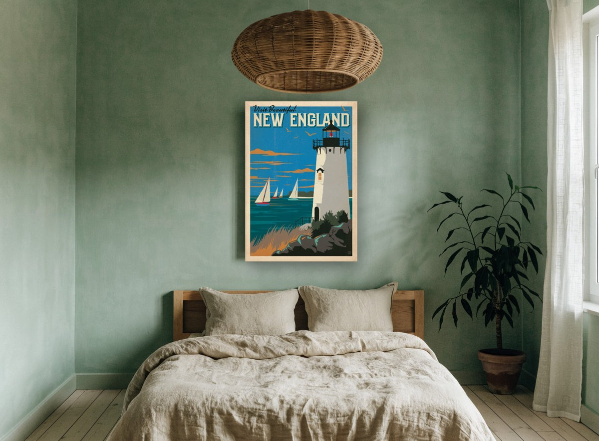 Lighthouse Over New England vintage canvas print on the wall of a bedroom