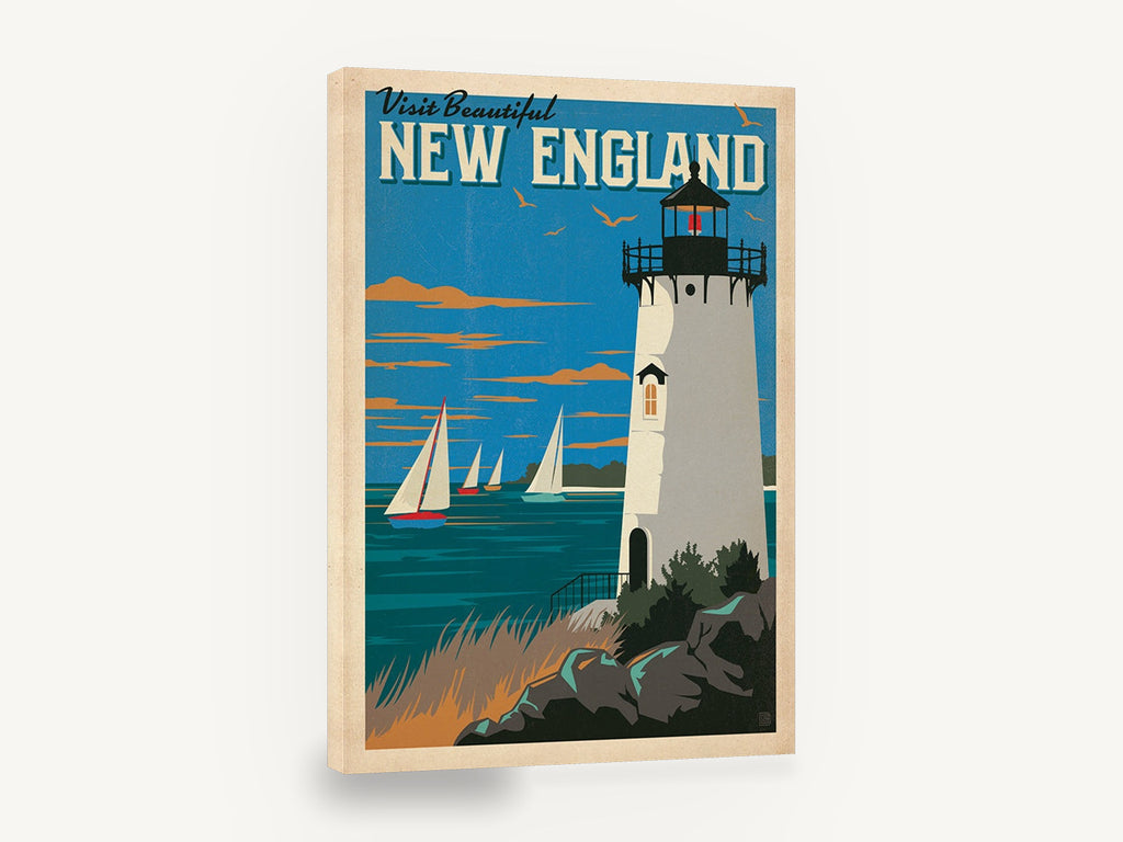 Lighthouse Over New England, retro new england lighthouse travel poster, stretched canvas wall art print ready to hang