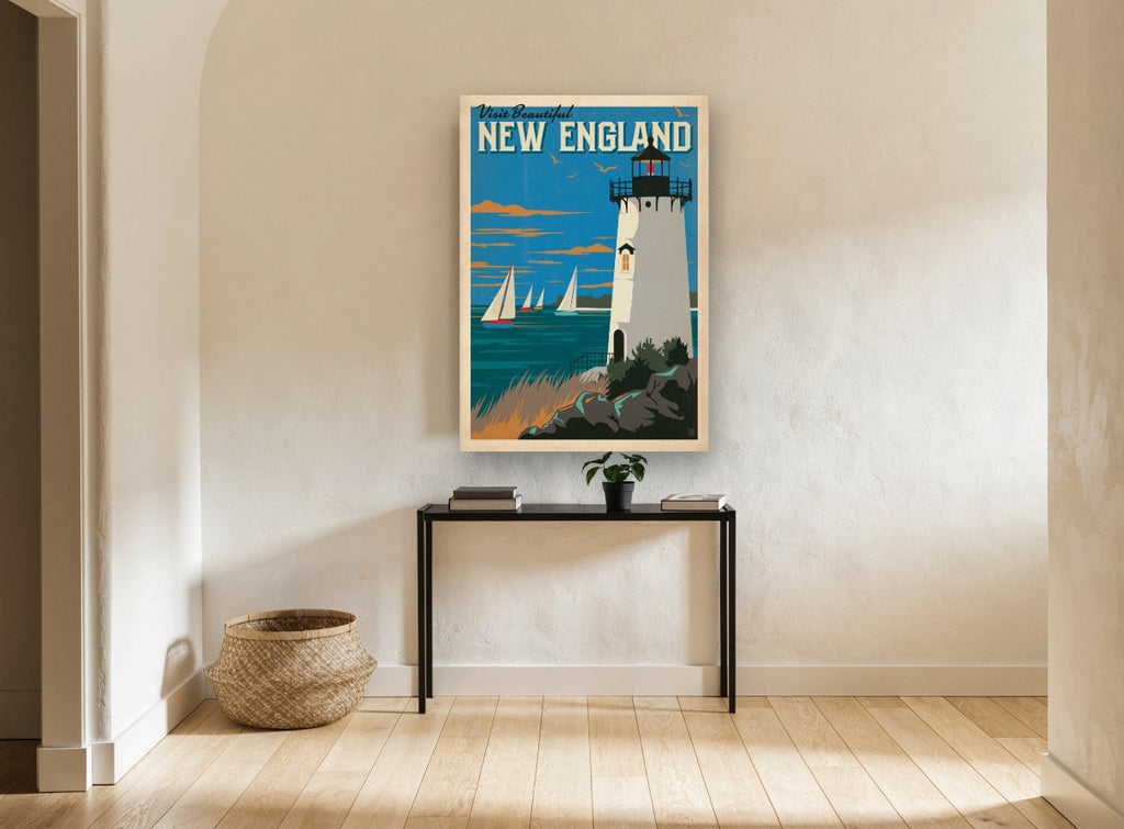 Lighthouse Over New England vintage canvas print on the wall of a hallway