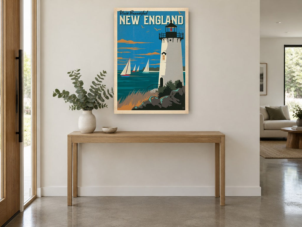 Lighthouse Over New England vintage canvas print on the wall of a entry hall