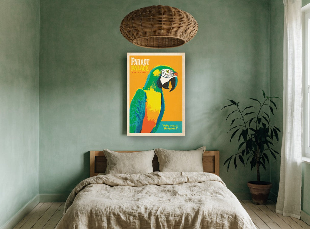 Polly Wants a Margarita vintage canvas print on the wall of a bedroom
