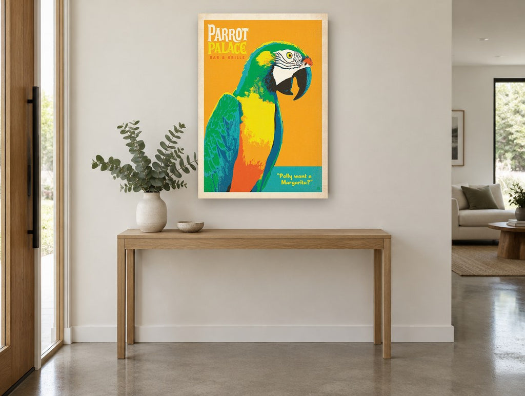 Polly Wants a Margarita vintage canvas print on the wall of a entry hall