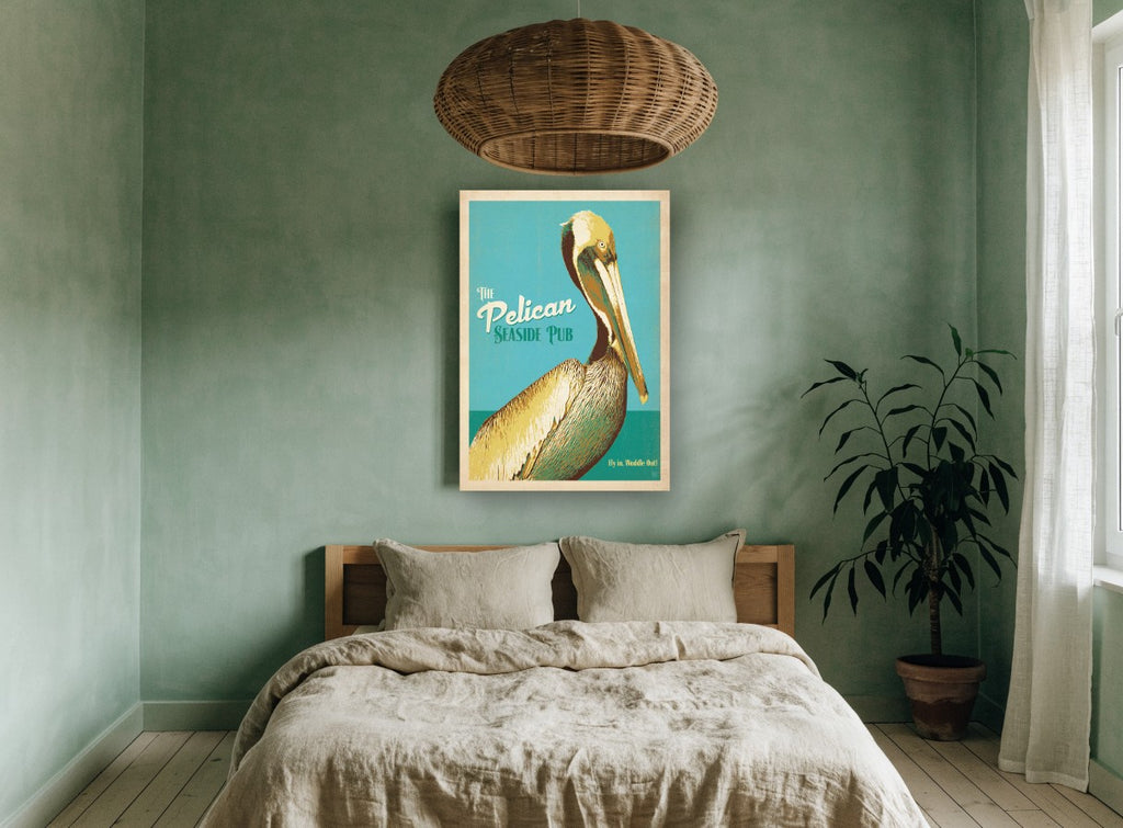 Pelican Seaside Pub vintage canvas print on the wall of a bedroom