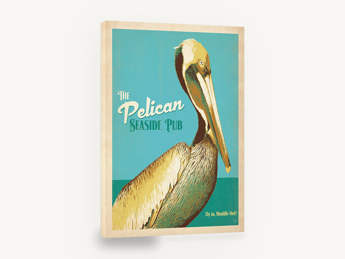 Pelican Seaside Pub, retro pelican seaside pub poster, stretched canvas wall art print ready to hang