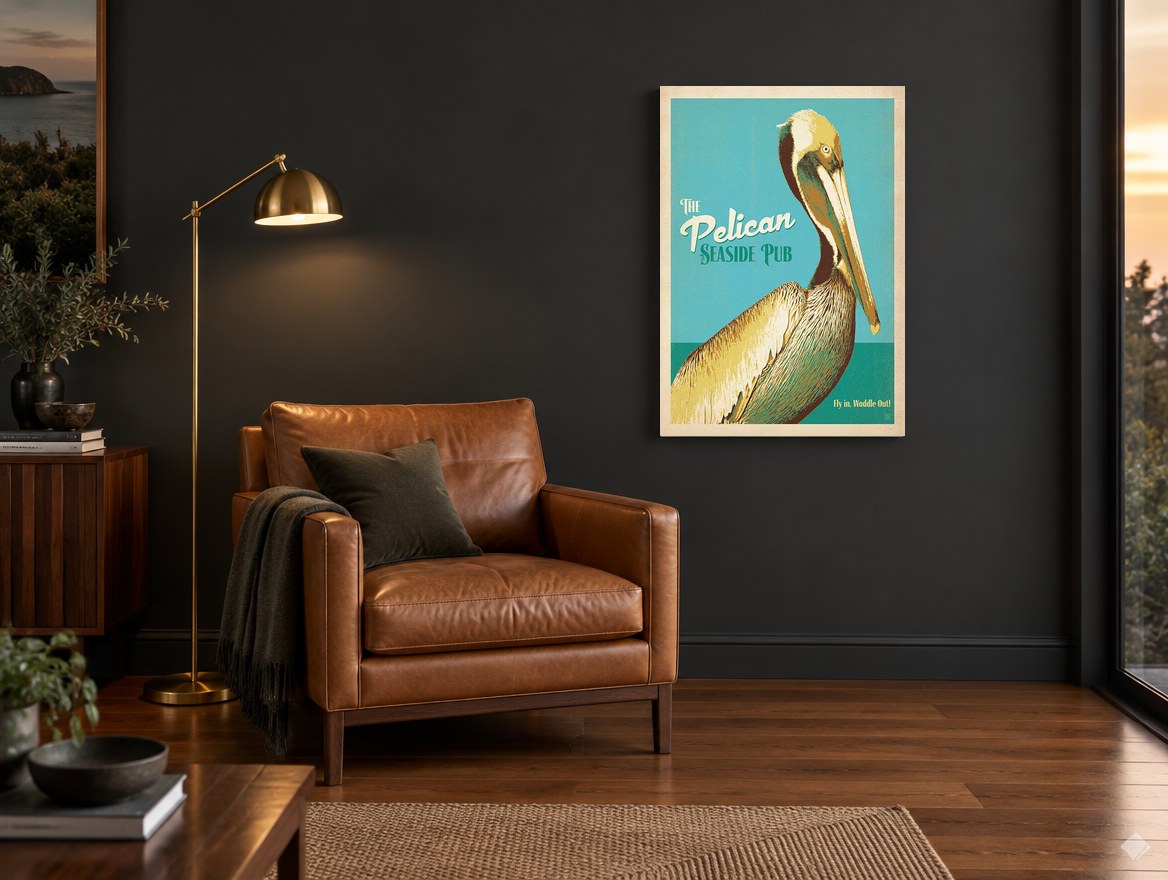 Pelican Seaside Pub vintage canvas print on the wall of a charcoal living room