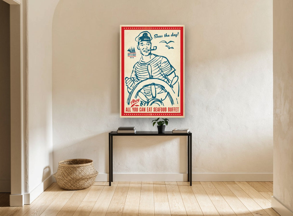 Seas the Day Sailor vintage canvas print on the wall of a hallway