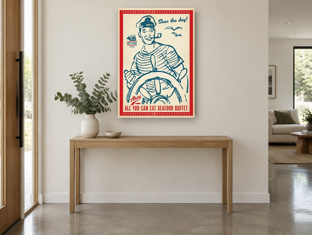 Seas the Day Sailor vintage canvas print on the wall of a entry hall