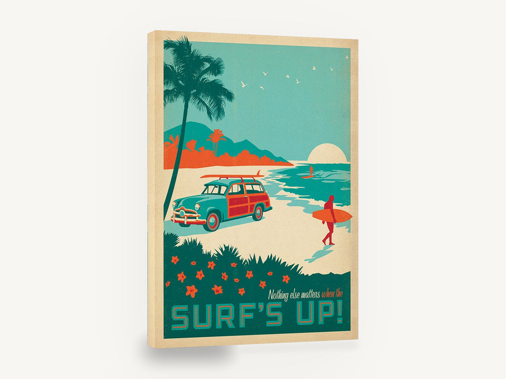Surf's Up Woody Beach, retro woody wagon surf poster, stretched canvas wall art print ready to hang