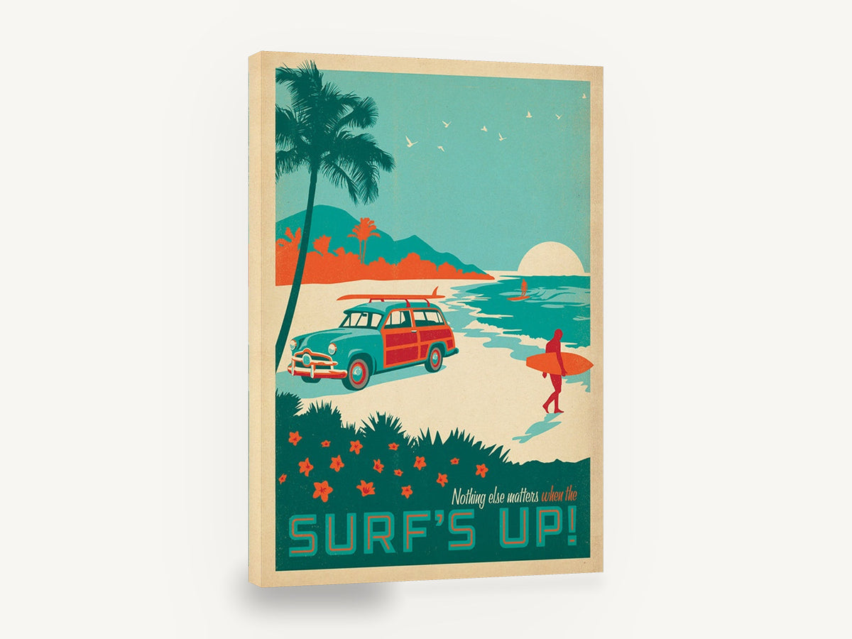 Surf's Up Woody Beach, retro woody wagon surf poster, stretched canvas wall art print ready to hang